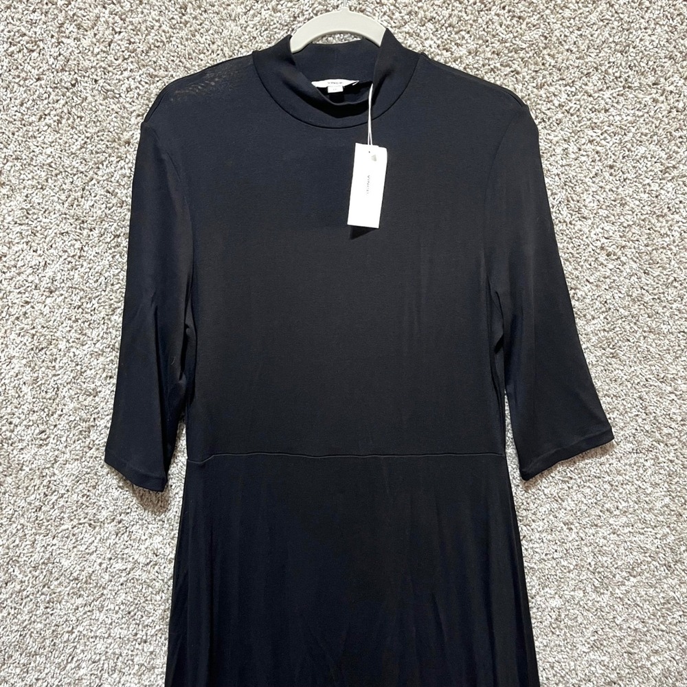 Vince Dress Women's Large Black Elbow Sleeve Mock Neck Fit and Flare Midi NWT - Picture 3 of 9